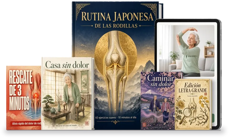 Rutina Japonesa de las Rodillas: libro principal, tableta con la rutina guiada y cuatro bonos: Rescate de 3 minutos, Casa sin dolor, Caminar sin dolor y Edición Letra Grande.