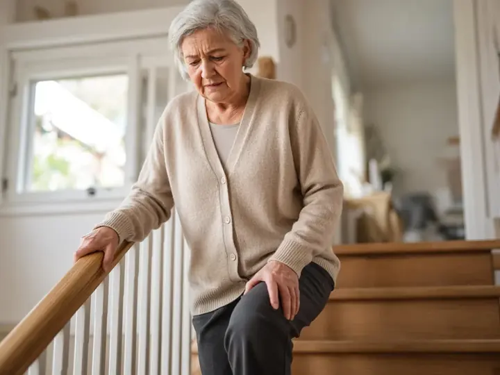 Una mujer mayor se agarra del pasamanos y se toca la rodilla al subir las escaleras